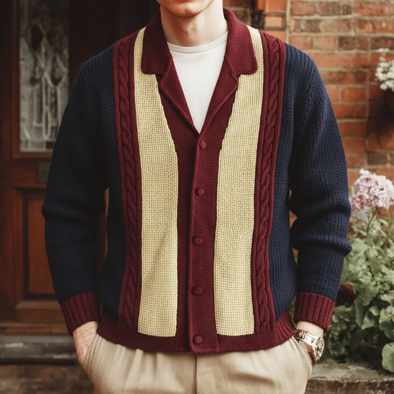 Men's Classic Lapel Colorblock Button Knit Cardigan MTA3043I1U sold by Manly product image thumbnail 2