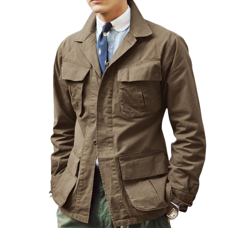 Men's Retro Casual Washed Canvas Wear-Resistant Workwear Lapel Jacket MTA2908I4TO sold by Manly