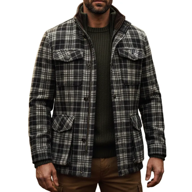 Men's Retro Casual Plaid Zipper Lapel Hunting Jacket MTA2964I7TO sold by Manly