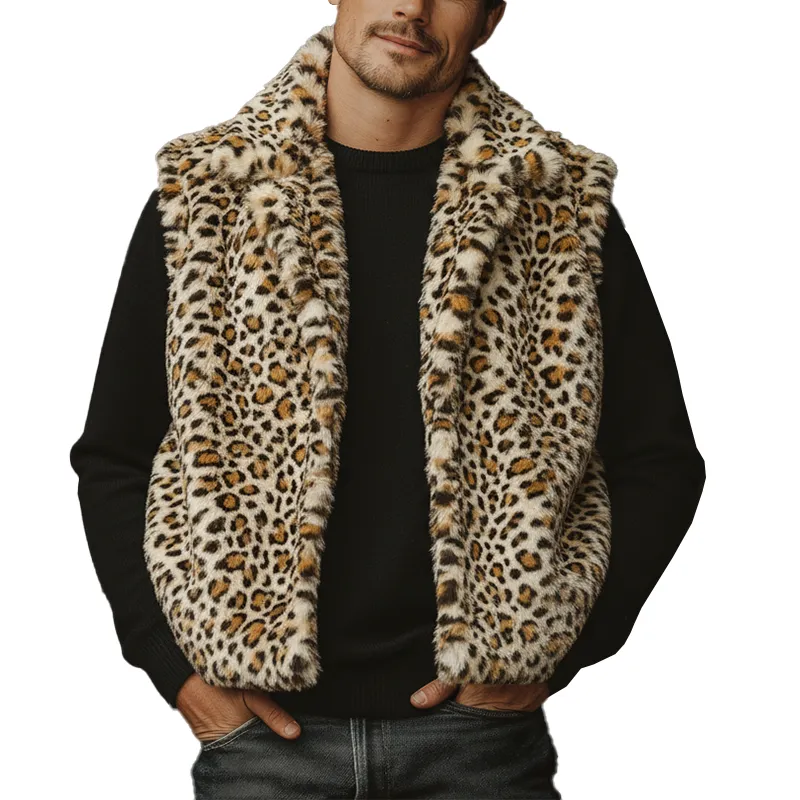 Men's Winter Leopard Print Stand Collar Faux Mink Warm Vest MTA3055I5P sold by Manly