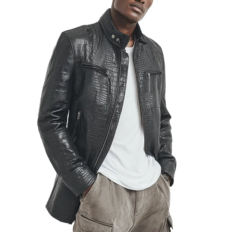 Men's Winter Fashion Glossy Crocodile-pattern PU Leather Mid-length Jacket MTA3016I1P sold by Manly
