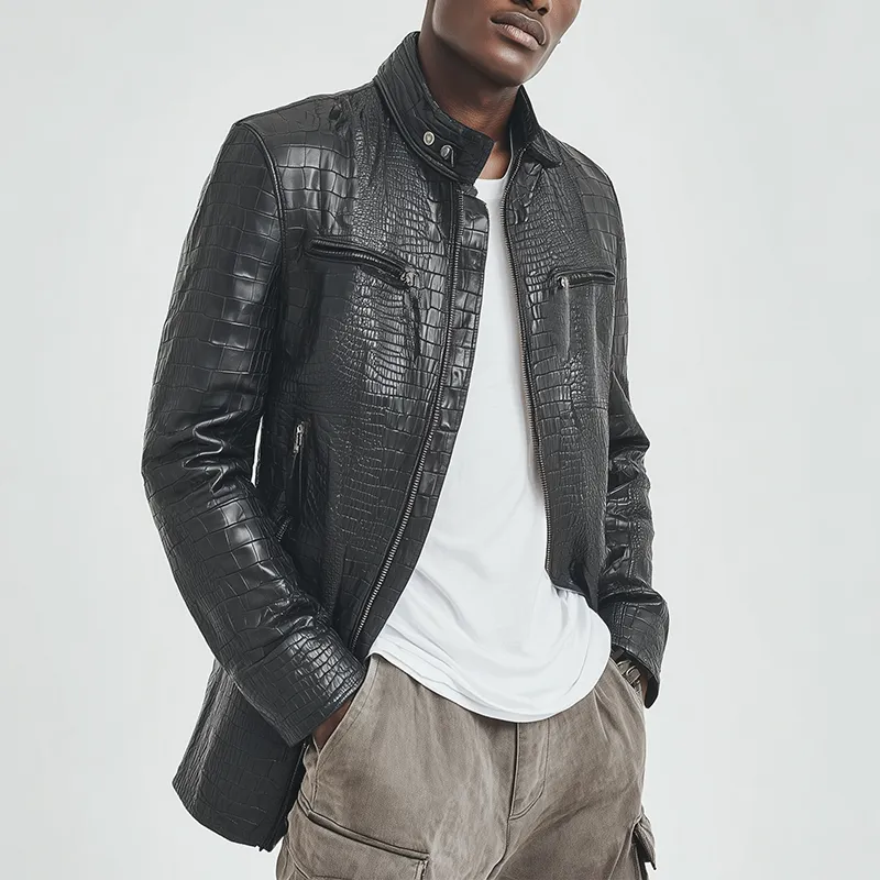 Men's Winter Fashion Glossy Crocodile-pattern PU Leather Mid-length Jacket MTA3016I1P sold by Manly product image thumbnail 2