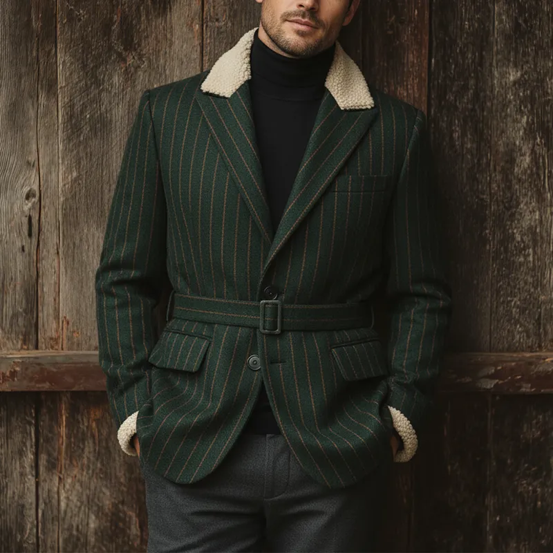 Men's Winter Fashion Plush Collar Striped Faux Wool Coat MTA3053I1P sold by Manly product image thumbnail 2