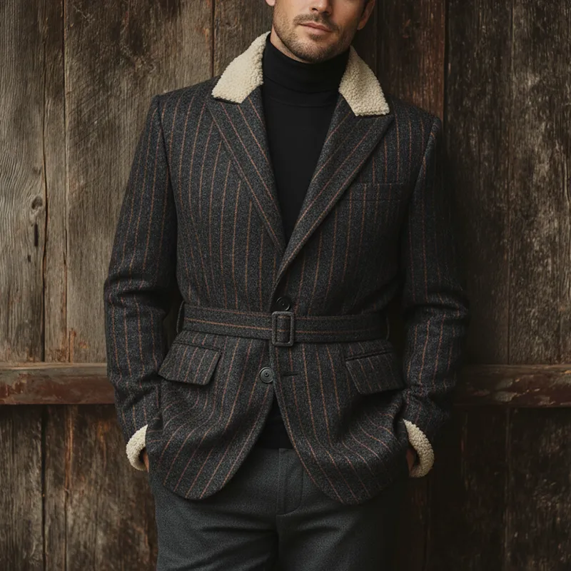 Men's Winter Fashion Plush Collar Striped Faux Wool Coat MTA3053I1P sold by Manly product image thumbnail 3