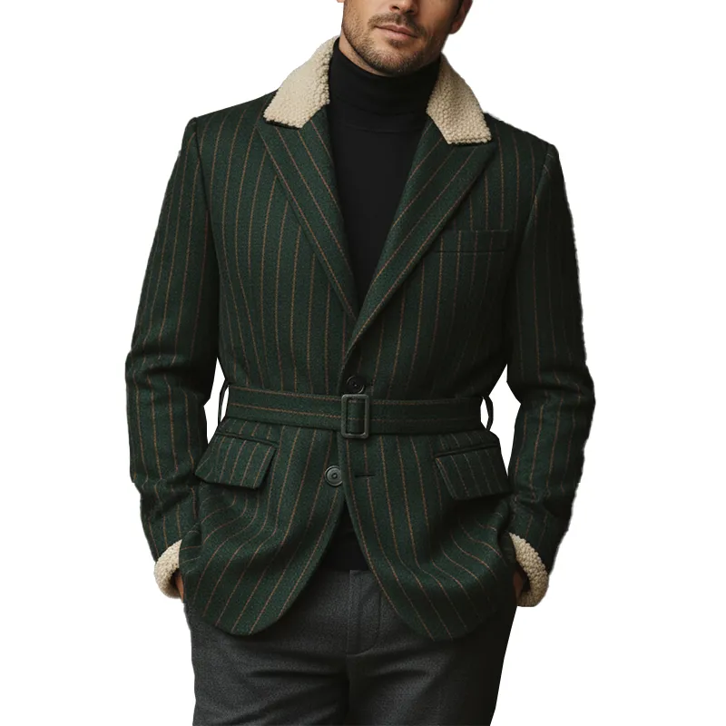 Men's Winter Fashion Plush Collar Striped Faux Wool Coat MTA3053I1P sold by Manly
