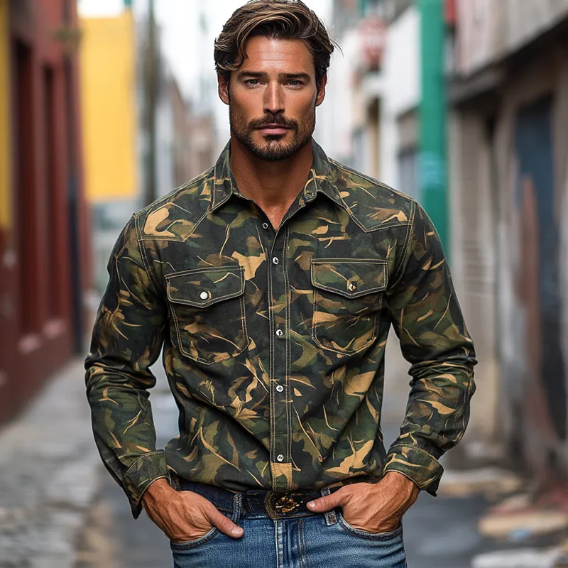 Men's Outdoor Camouflage Print Lapel Long-sleeved Shirt MTA3062I6X sold by Manly product image thumbnail 4