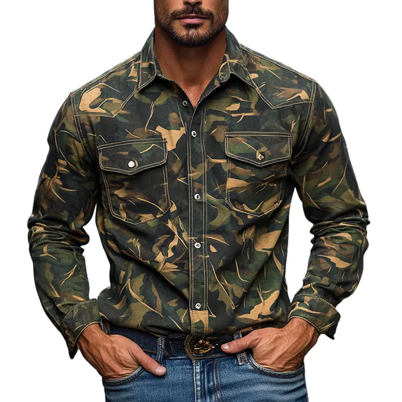 Men's Outdoor Camouflage Print Lapel Long-sleeved Shirt MTA3062I6X sold by Manly