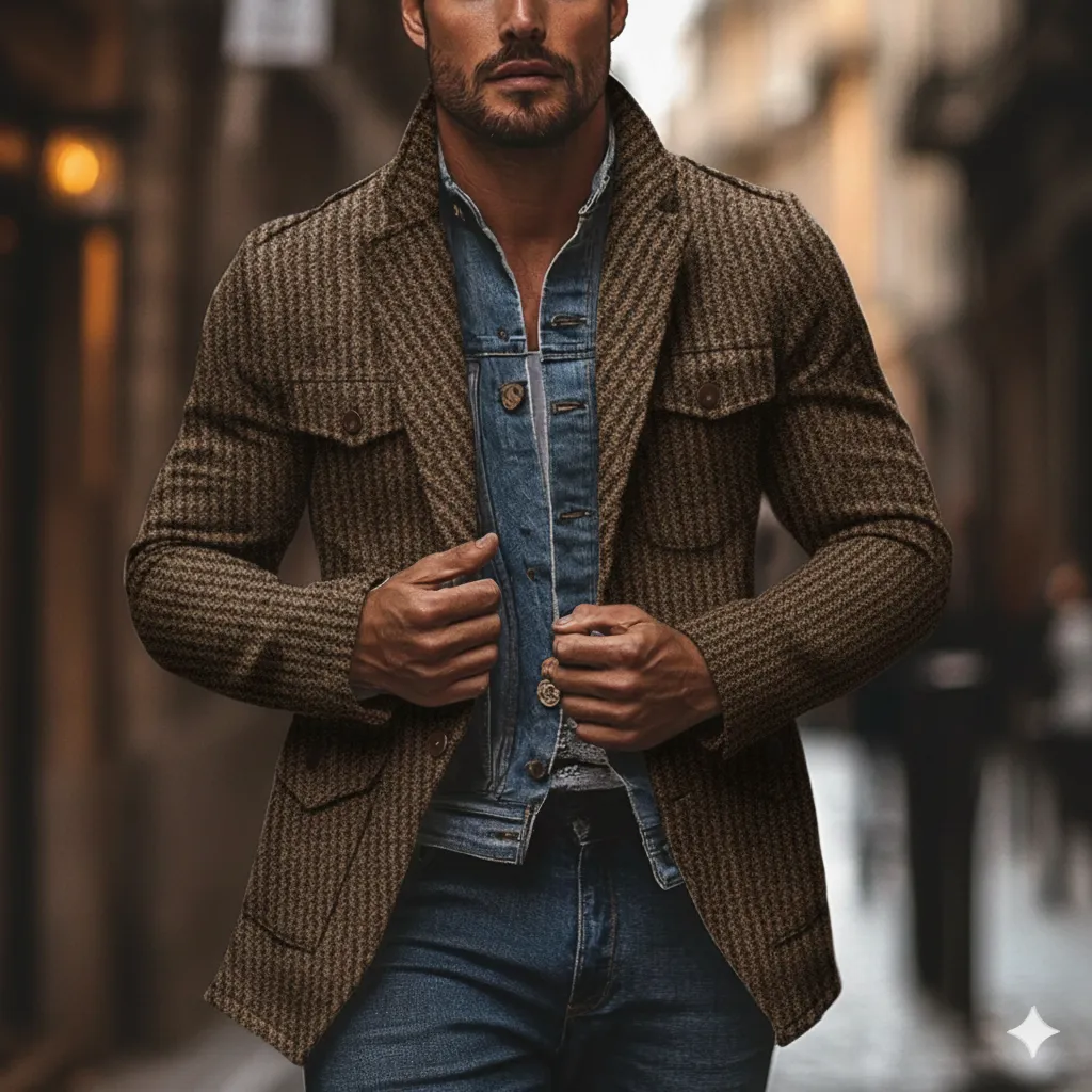 Men's Blended Striped Lapel Multi-pocket Jacket MTA2963I4X sold by Manly product image thumbnail 2