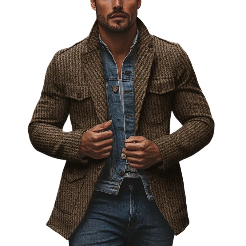 Men's Blended Striped Lapel Multi-pocket Jacket MTA2963I4X sold by Manly