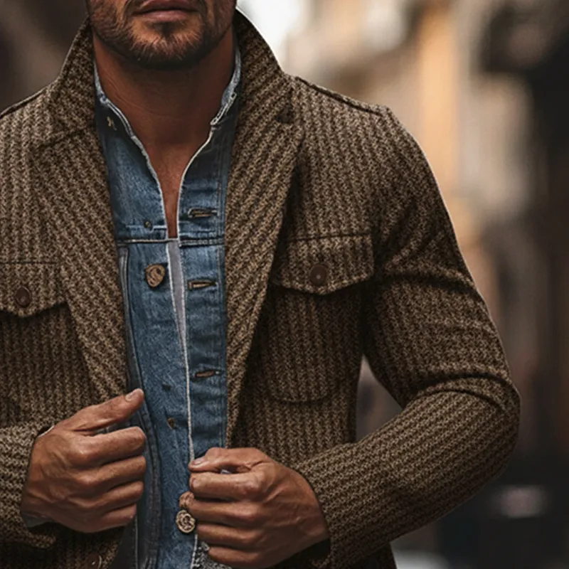 Men's Blended Striped Lapel Multi-pocket Jacket MTA2963I4X sold by Manly product image thumbnail 3