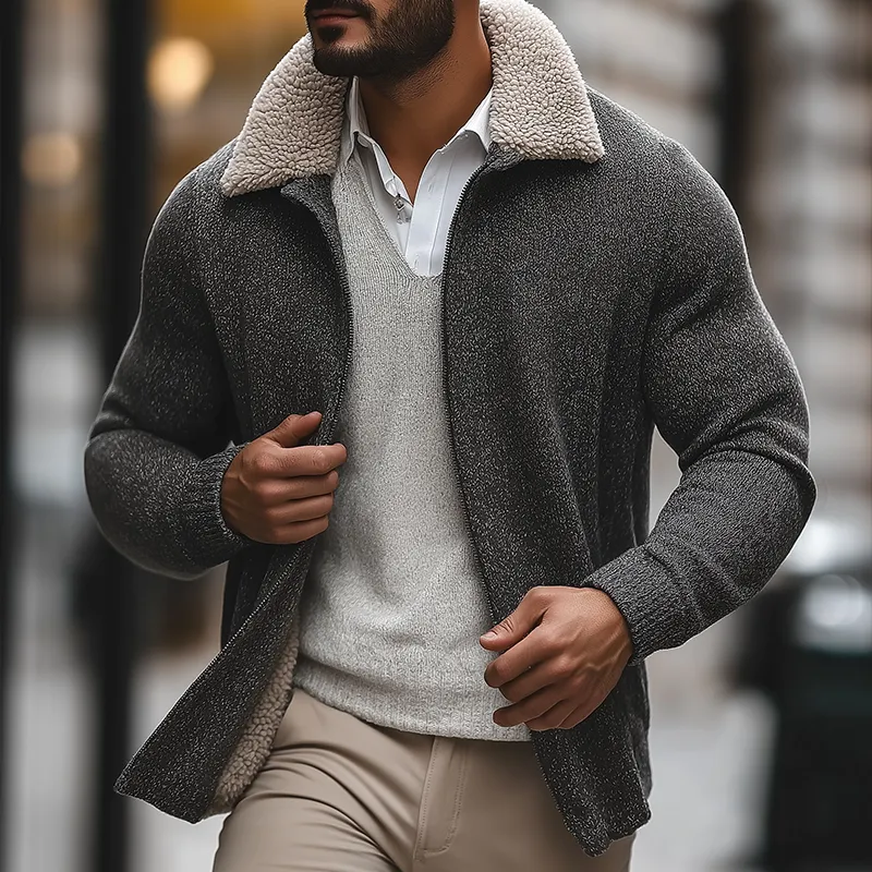 Men's Retro Casual Plush Warm Knitted Fur Collar Zipper Cardigan Jacket MTA2244I4TO sold by Manly product image thumbnail 2