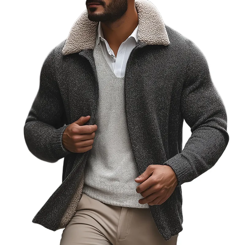 Men's Retro Casual Plush Warm Knitted Fur Collar Zipper Cardigan Jacket MTA2244I4TO sold by Manly