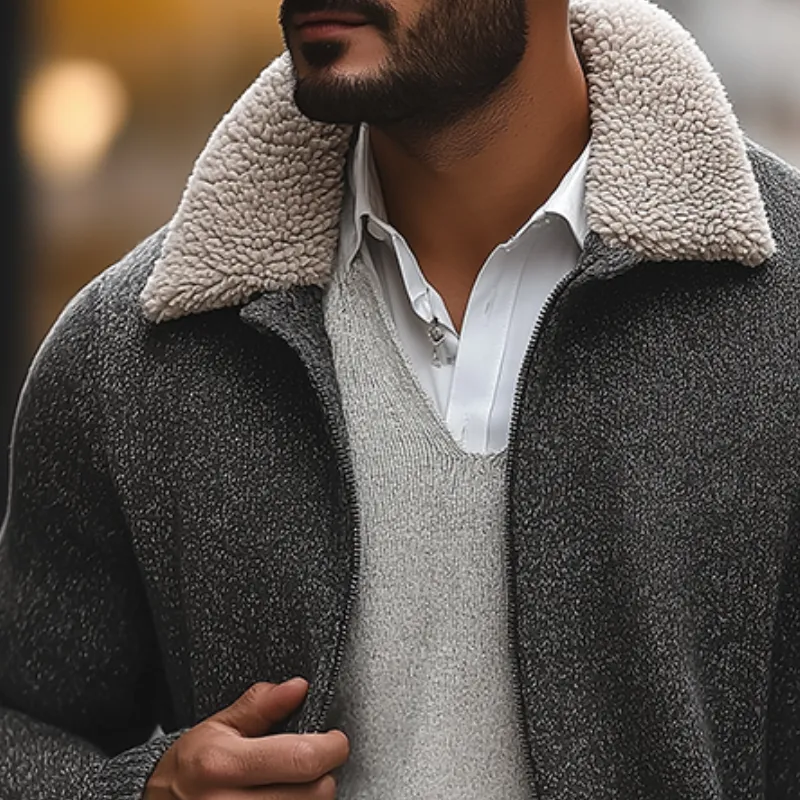 Men's Retro Casual Plush Warm Knitted Fur Collar Zipper Cardigan Jacket MTA2244I4TO sold by Manly product image thumbnail 3