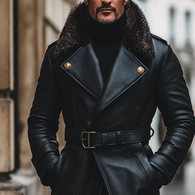 Men's Retro Casual Warm Fur Collar Faux Leather Long Coat MTA2269I4TO sold by Manly product image thumbnail 3