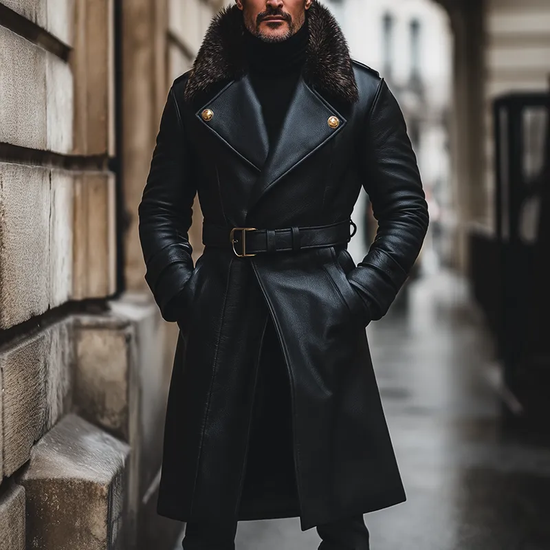 Men's Retro Casual Warm Fur Collar Faux Leather Long Coat MTA2269I4TO sold by Manly product image thumbnail 2