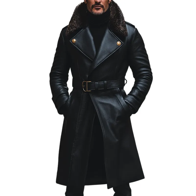 Men's Retro Casual Warm Fur Collar Faux Leather Long Coat MTA2269I4TO sold by Manly