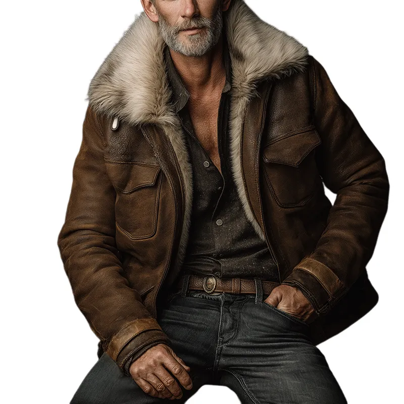 Men's Retro Casual Faux Leather Warm Fur Lapel Jacket MTA0396I9TO sold by Manly