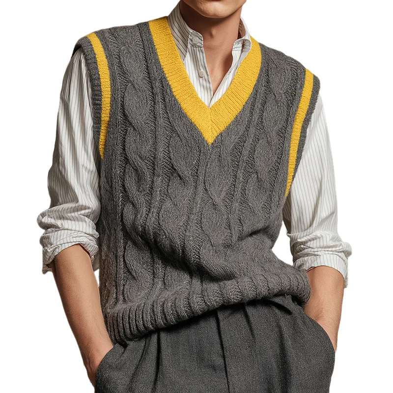 Men's Retro Casual Simple Knitted Colorblock V-Neck Vest MTA2387I4TO sold by Manly