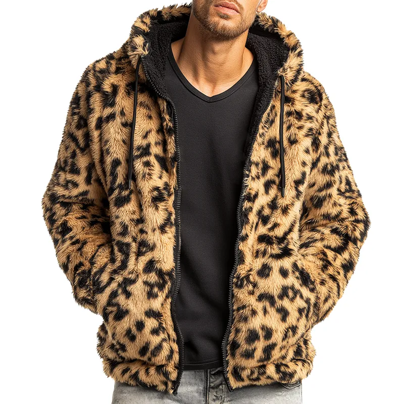 Men's Retro Casual Leopard Print Plush Warm Hooded Zipper Jacket MTA2359I8TO sold by Manly