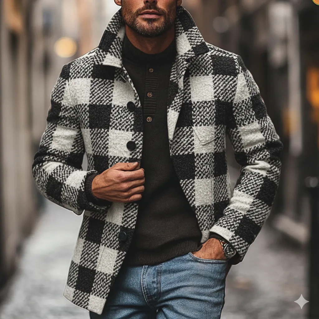 Men's Casual Plaid Blend Lapel Mid-length Coat MTA2998I8X sold by Manly product image thumbnail 2