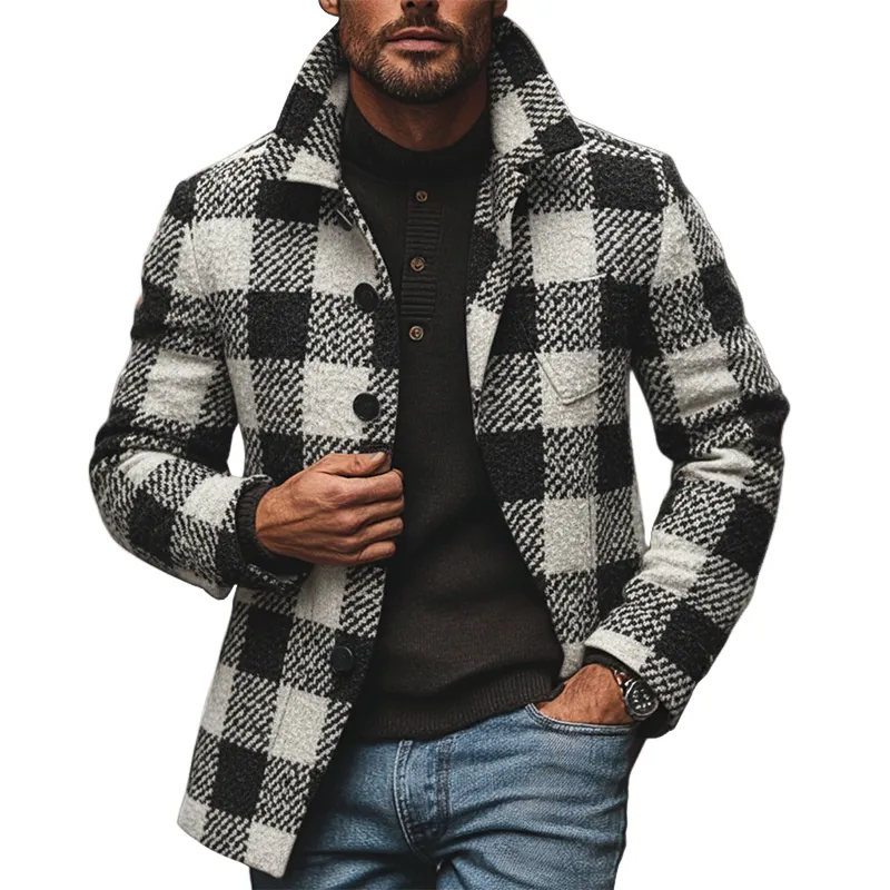 Men's Casual Plaid Blend Lapel Mid-length Coat MTA2998I8X sold by Manly