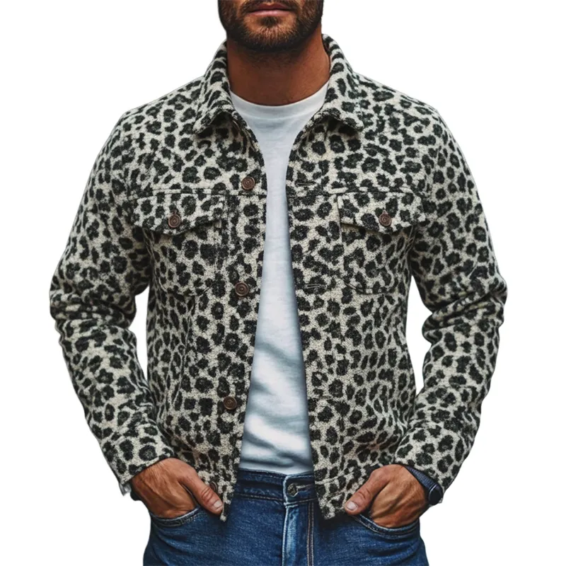 Men's Vintage Leopard Jacquard Polar Fleece Lapel Jacket MTA2988I0X sold by Manly