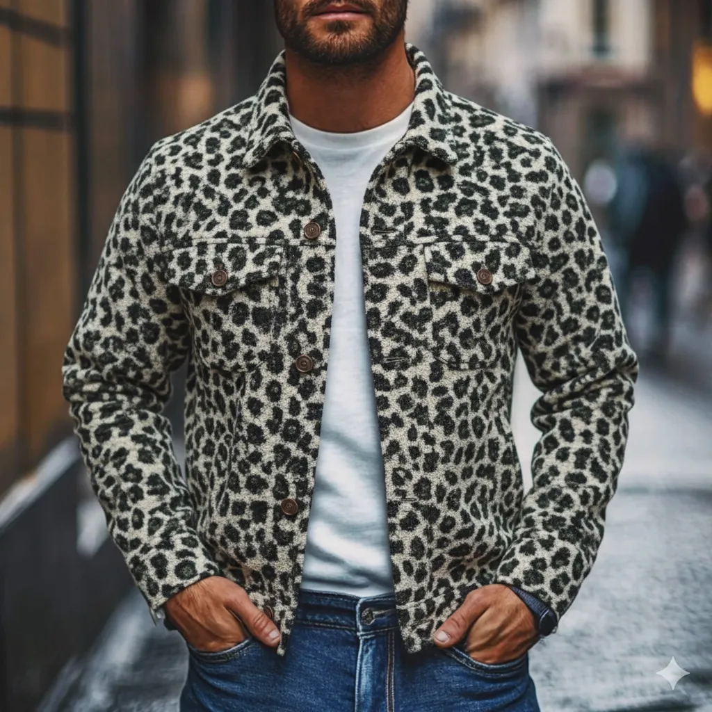 Men's Vintage Leopard Jacquard Polar Fleece Lapel Jacket MTA2988I0X sold by Manly product image thumbnail 2