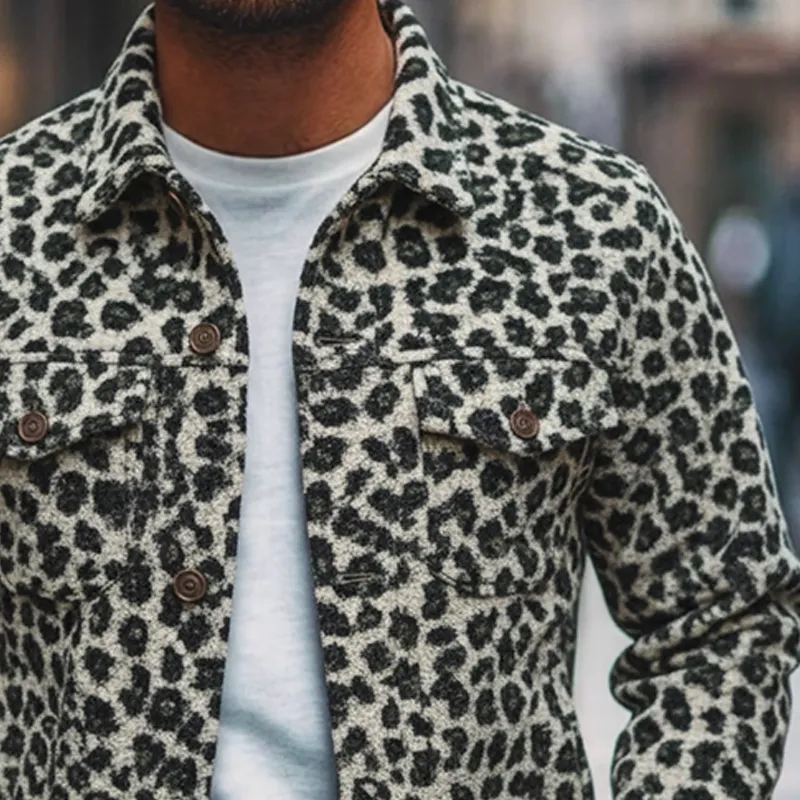 Men's Vintage Leopard Jacquard Polar Fleece Lapel Jacket MTA2988I0X sold by Manly product image thumbnail 3