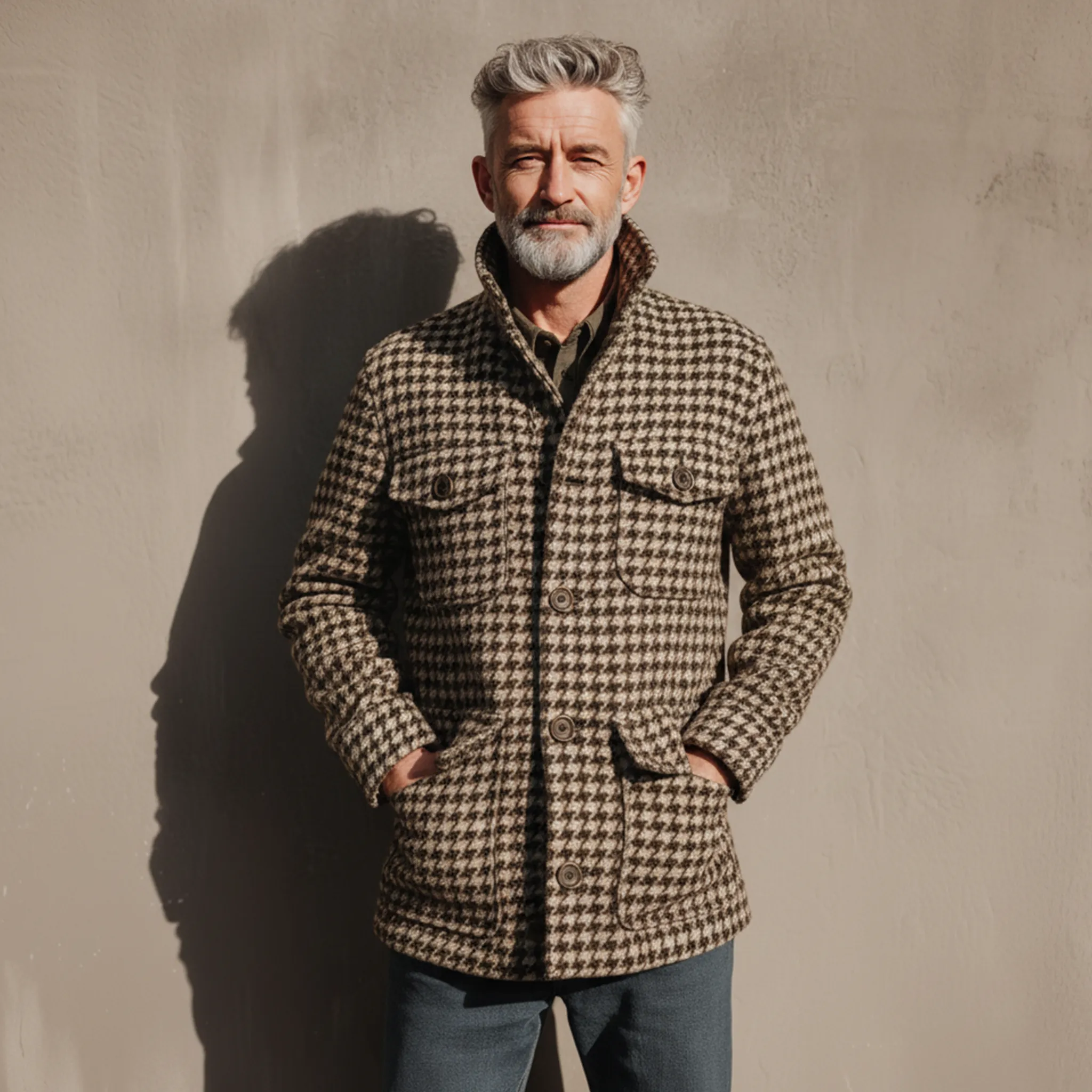 Men's Classic Retro Stand Collar Multi-pocket Faux Houndstooth Woolen Jacket MTA2964I6K sold by Manly product image thumbnail 3