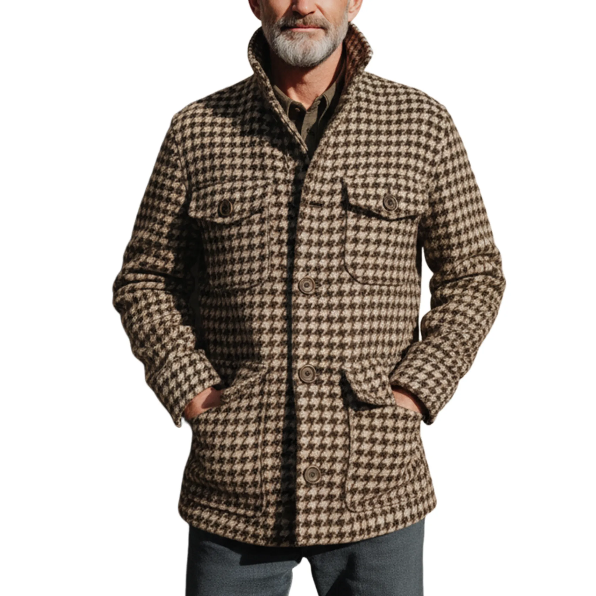 Men's Classic Retro Stand Collar Multi-pocket Faux Houndstooth Woolen Jacket MTA2964I6K sold by Manly
