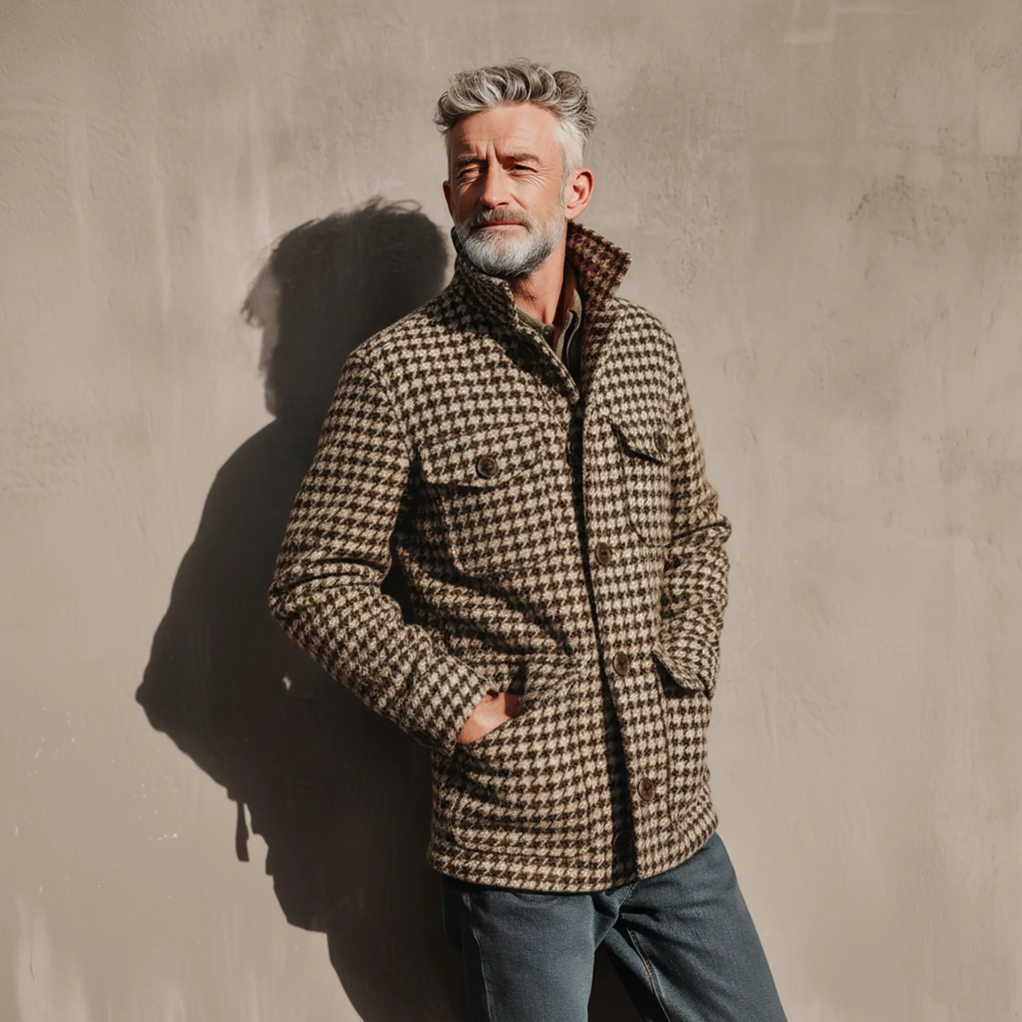 Men's Classic Retro Stand Collar Multi-pocket Faux Houndstooth Woolen Jacket MTA2964I6K sold by Manly product image thumbnail 4