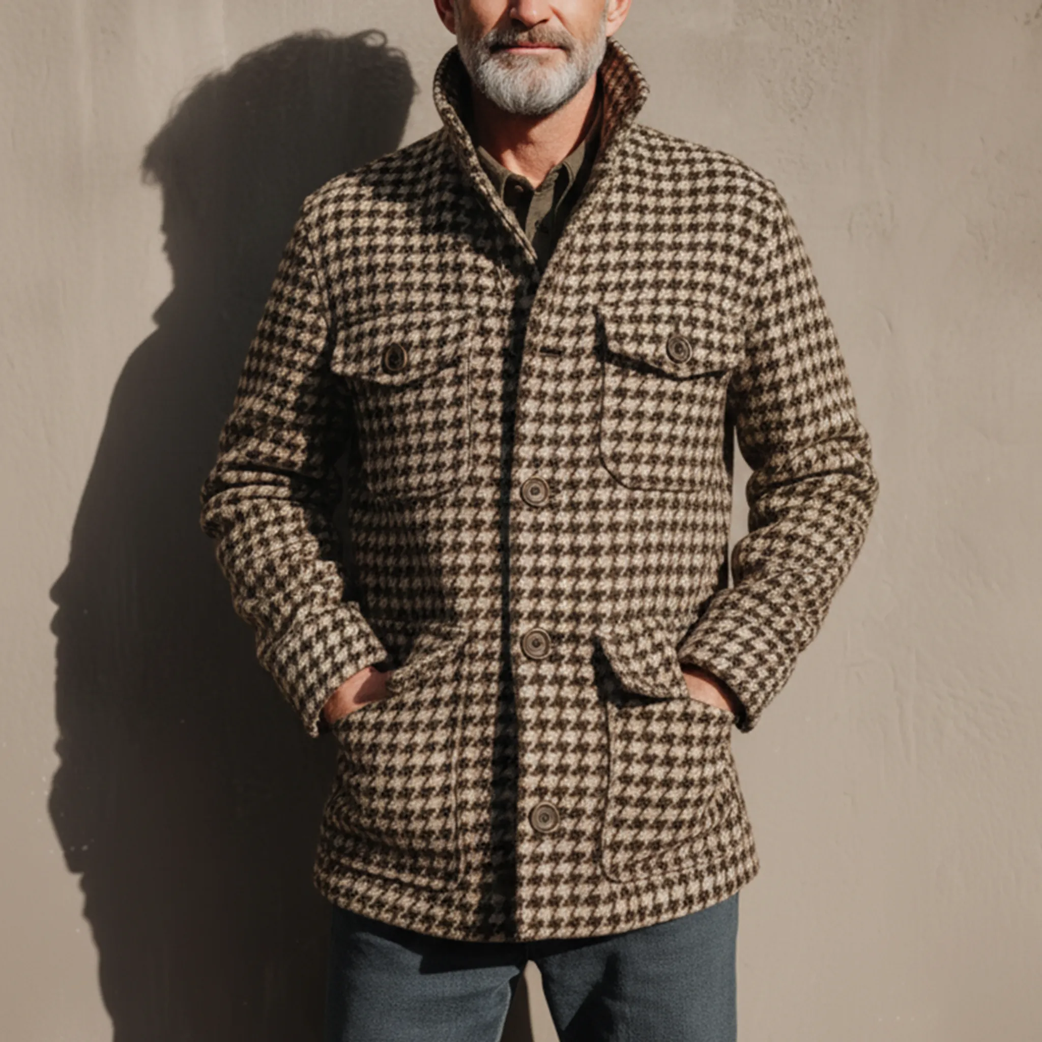 Men's Classic Retro Stand Collar Multi-pocket Faux Houndstooth Woolen Jacket MTA2964I6K sold by Manly product image thumbnail 2