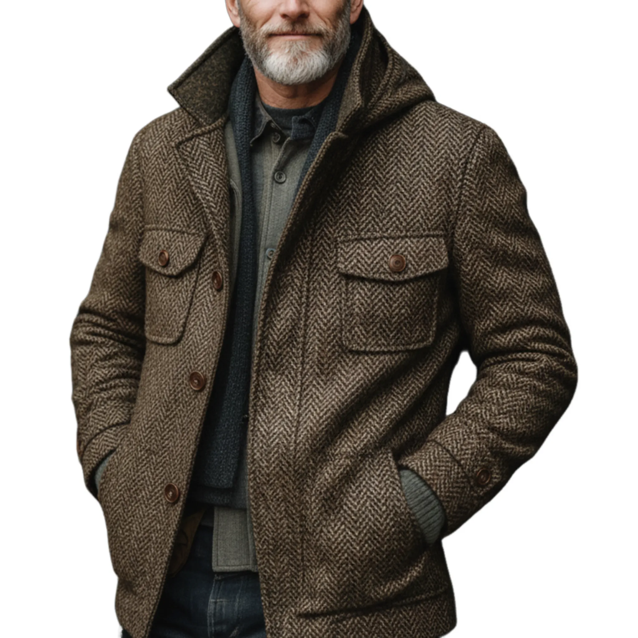 Men's Classic Retro Stand Collar Hooded Multi-pocket Faux Herringbone Wool Jacket MTA2914I3K sold by Manly