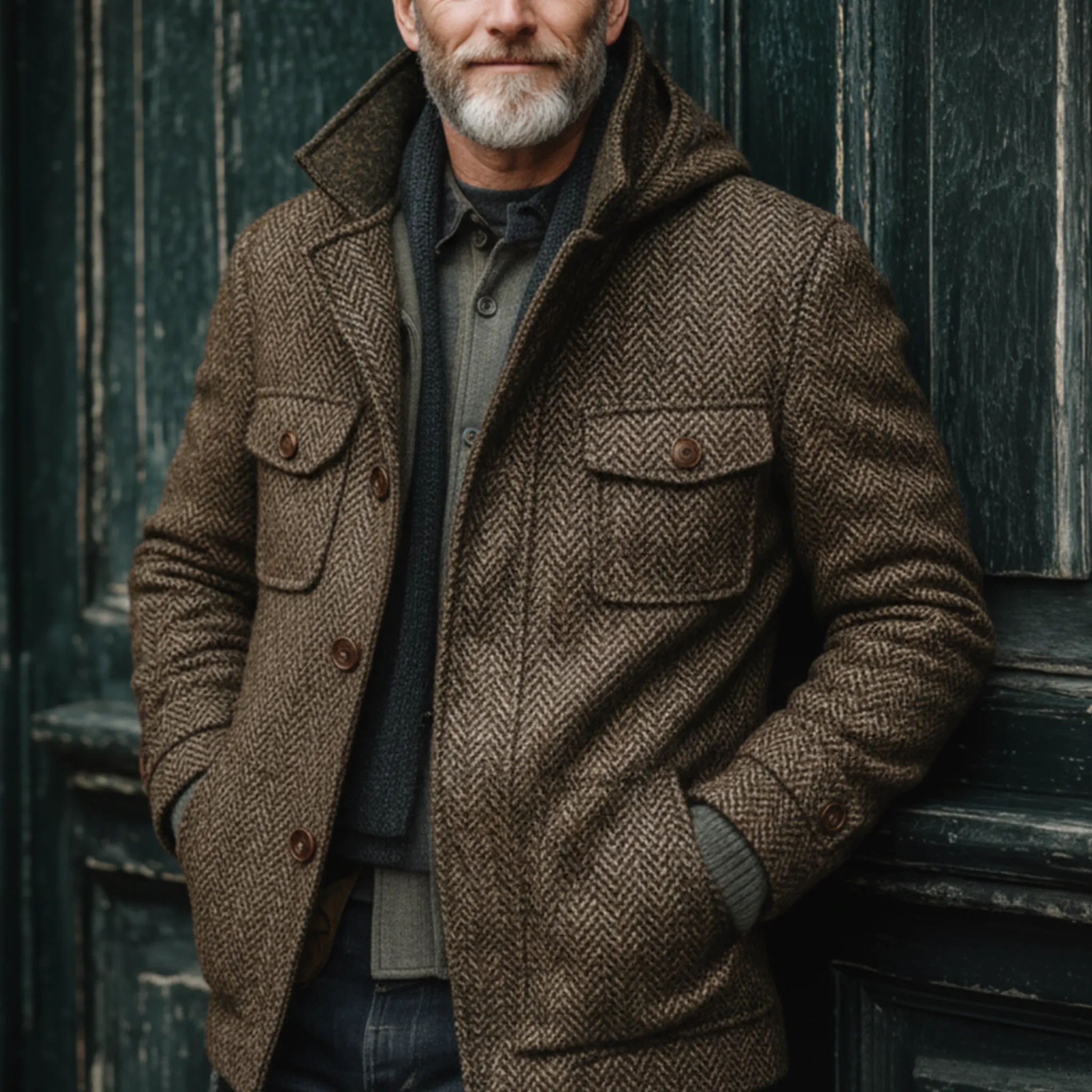 Men's Classic Retro Stand Collar Hooded Multi-pocket Faux Herringbone Wool Jacket MTA2914I3K sold by Manly product image thumbnail 2