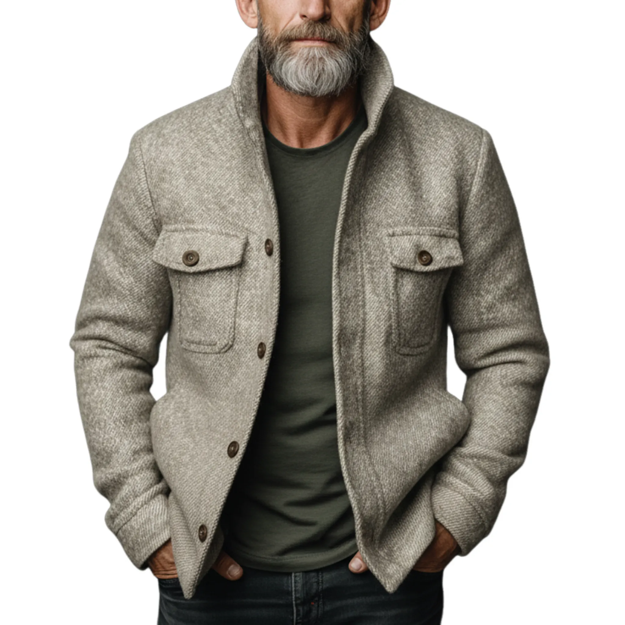 Men's Classic Retro Stand Collar Multi-pocket Faux Twill Woolen Jacket MTA2919I4K sold by Manly