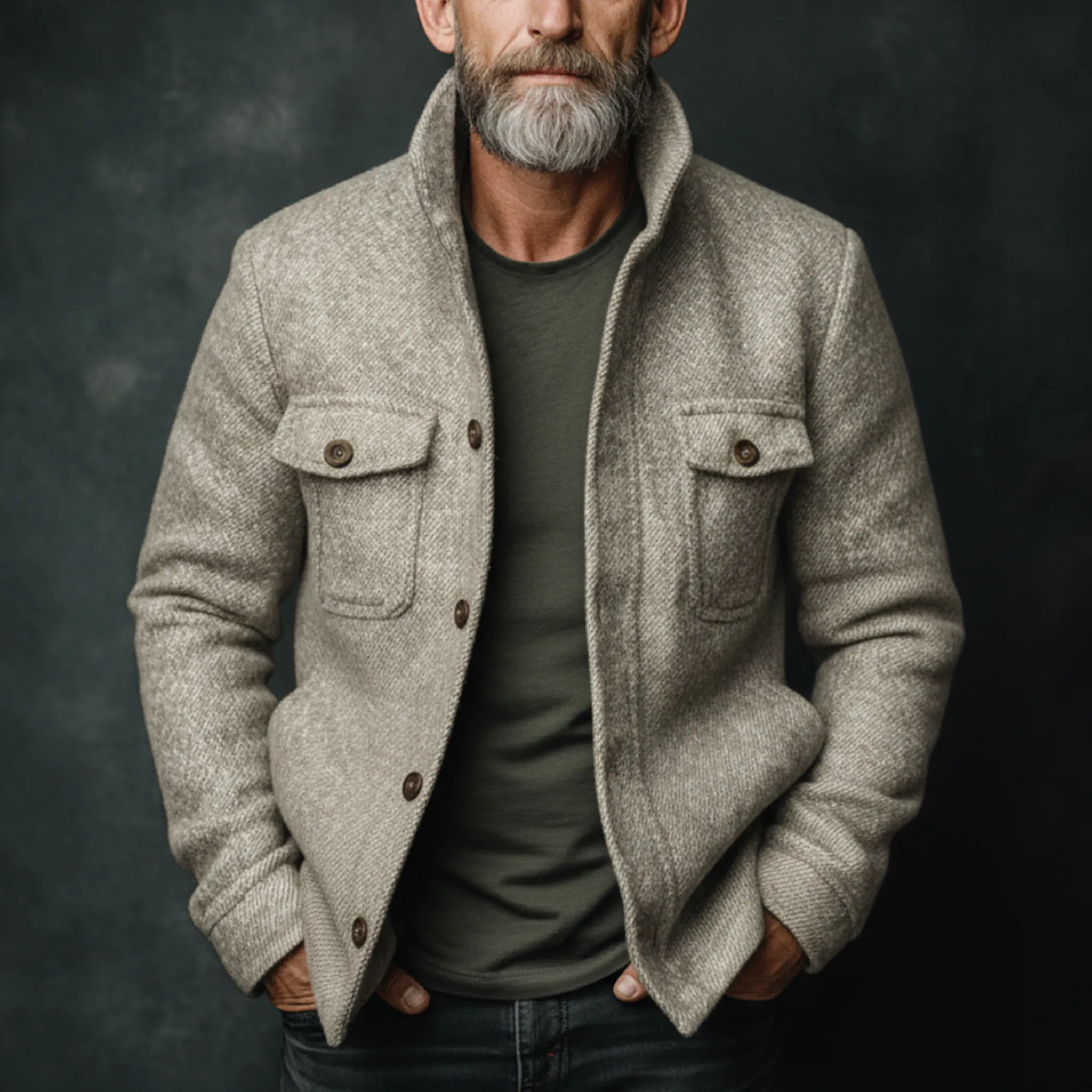 Men's Classic Retro Stand Collar Multi-pocket Faux Twill Woolen Jacket MTA2919I4K sold by Manly product image thumbnail 2