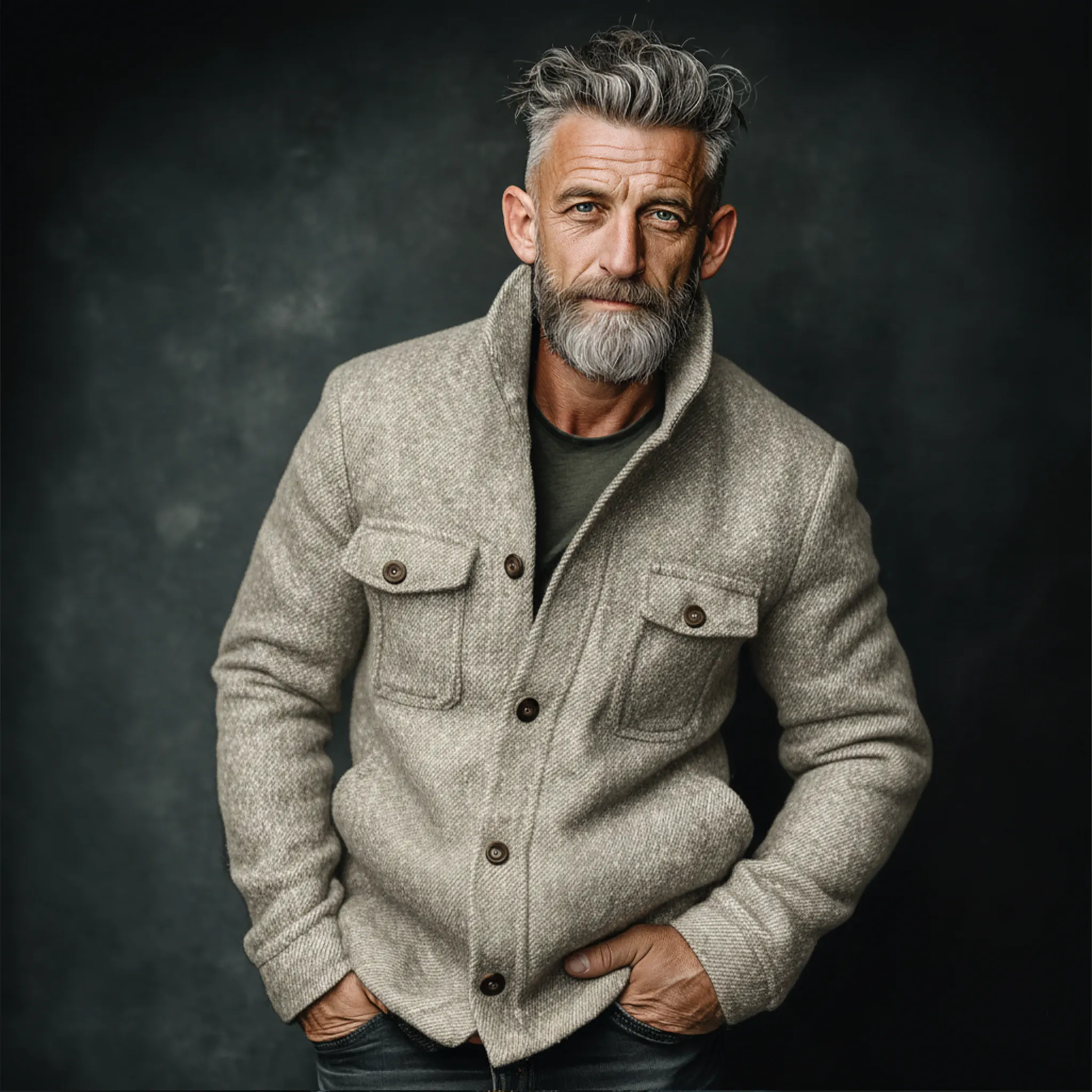 Men's Classic Retro Stand Collar Multi-pocket Faux Twill Woolen Jacket MTA2919I4K sold by Manly product image thumbnail 3