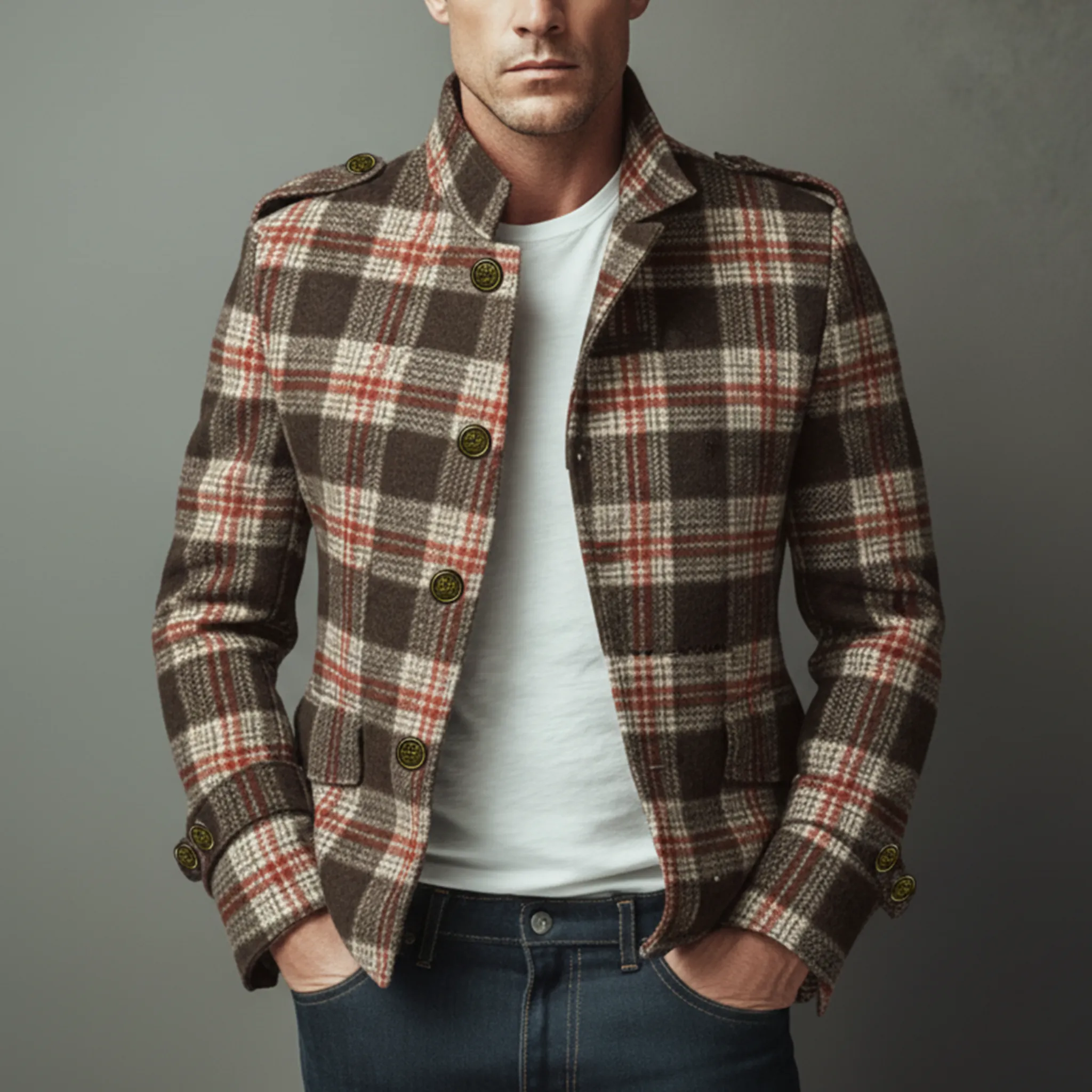 Men's Classic Retro Stand Collar Plaid Faux Woolen Slim Jacket MTA2982I9K sold by Manly product image thumbnail 2