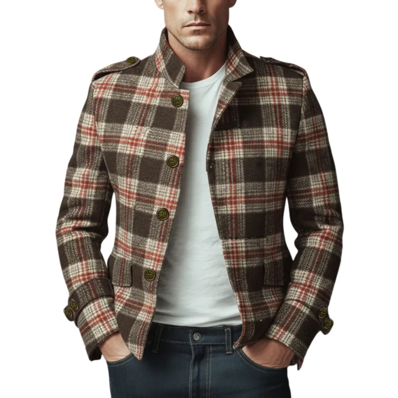 Men's Classic Retro Stand Collar Plaid Faux Woolen Slim Jacket MTA2982I9K sold by Manly
