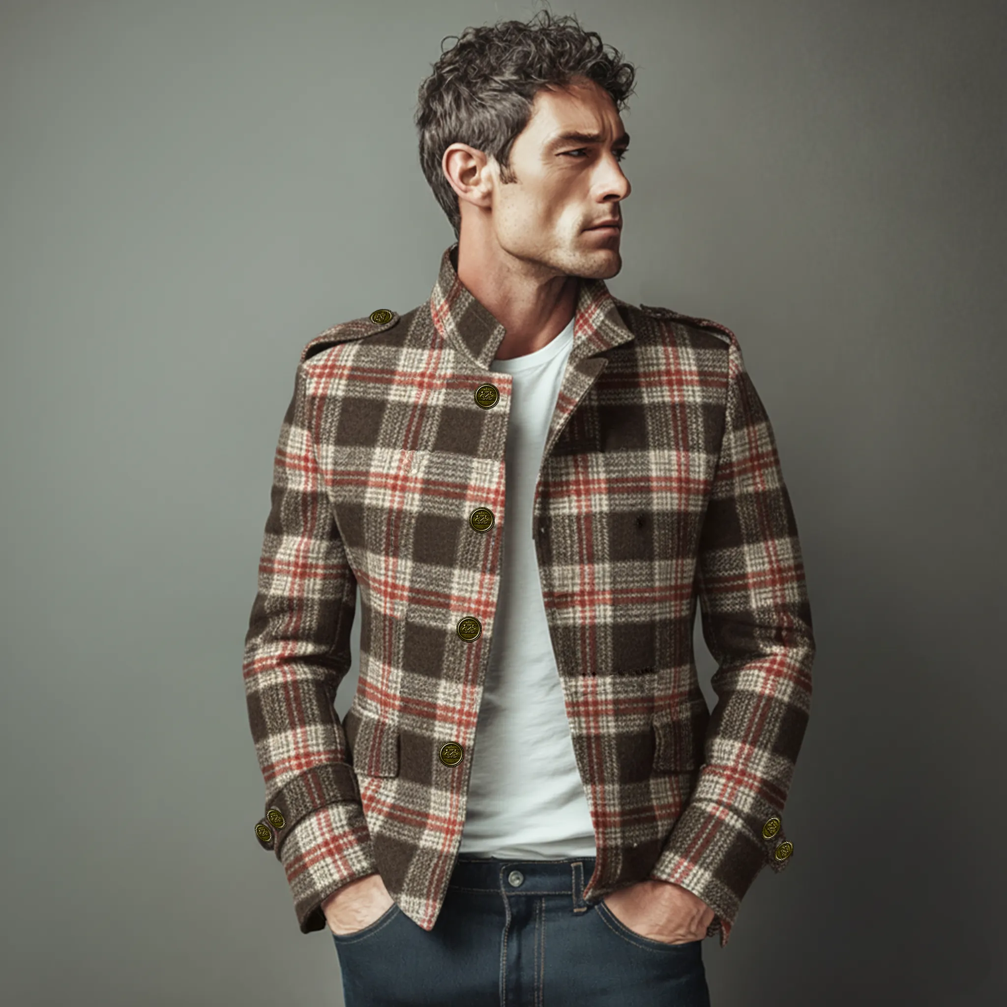 Men's Classic Retro Stand Collar Plaid Faux Woolen Slim Jacket MTA2982I9K sold by Manly product image thumbnail 4