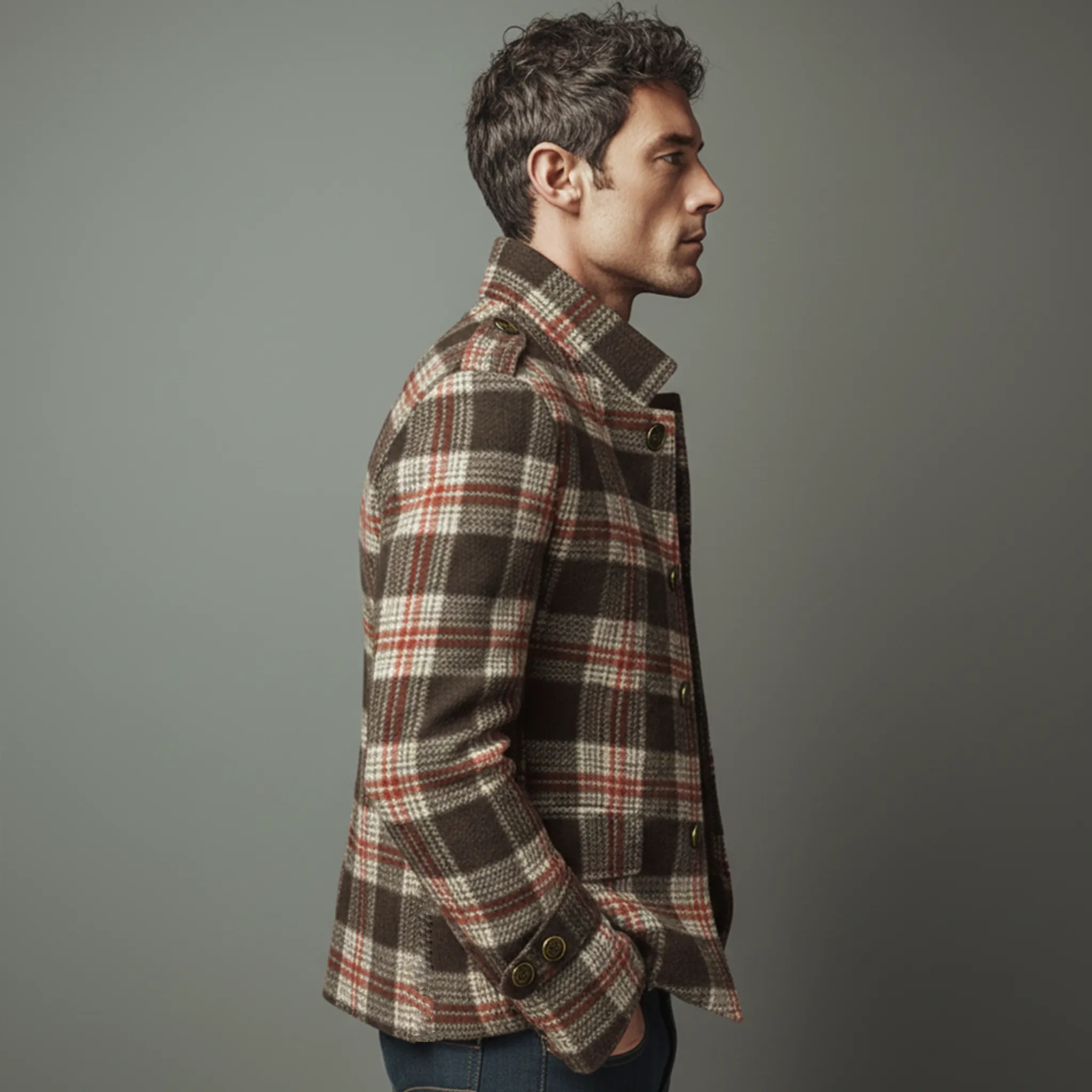 Men's Classic Retro Stand Collar Plaid Faux Woolen Slim Jacket MTA2982I9K sold by Manly product image thumbnail 5