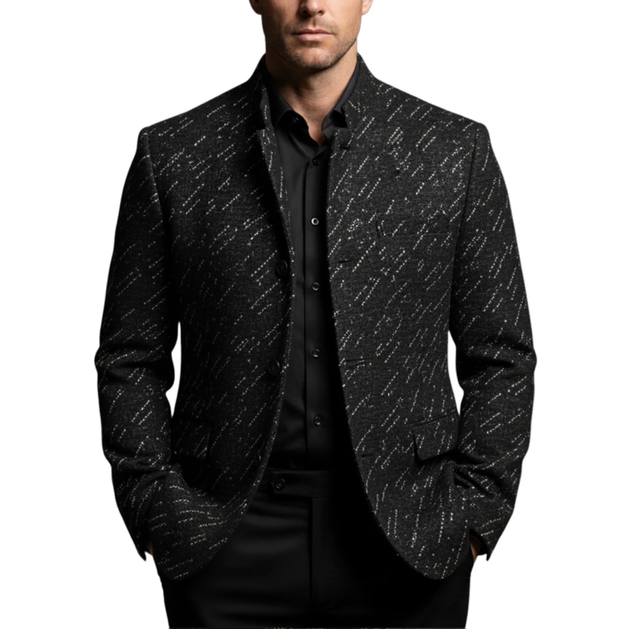 Men's Classic Business Stand Collar Faux Texture Woolen Slim Jacket MTA2947I5K sold by Manly
