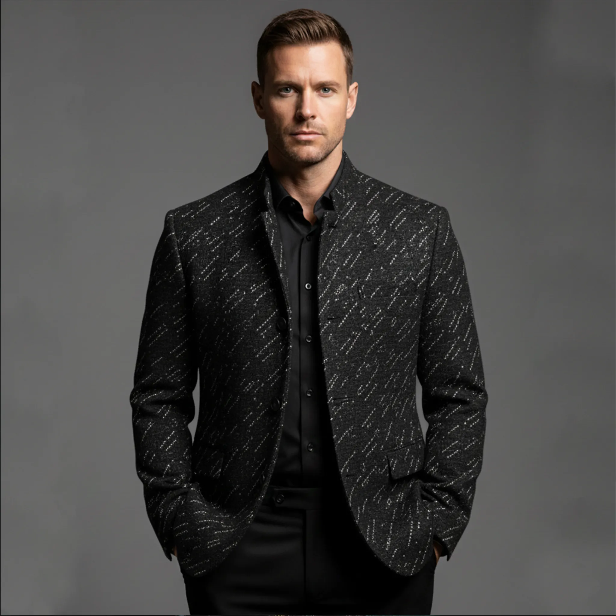 Men's Classic Business Stand Collar Faux Texture Woolen Slim Jacket MTA2947I5K sold by Manly product image thumbnail 3