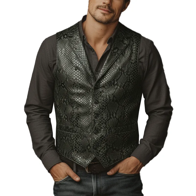 Men's Vintage Snake-Print PU Leather Vest MTA2951I5P sold by Manly
