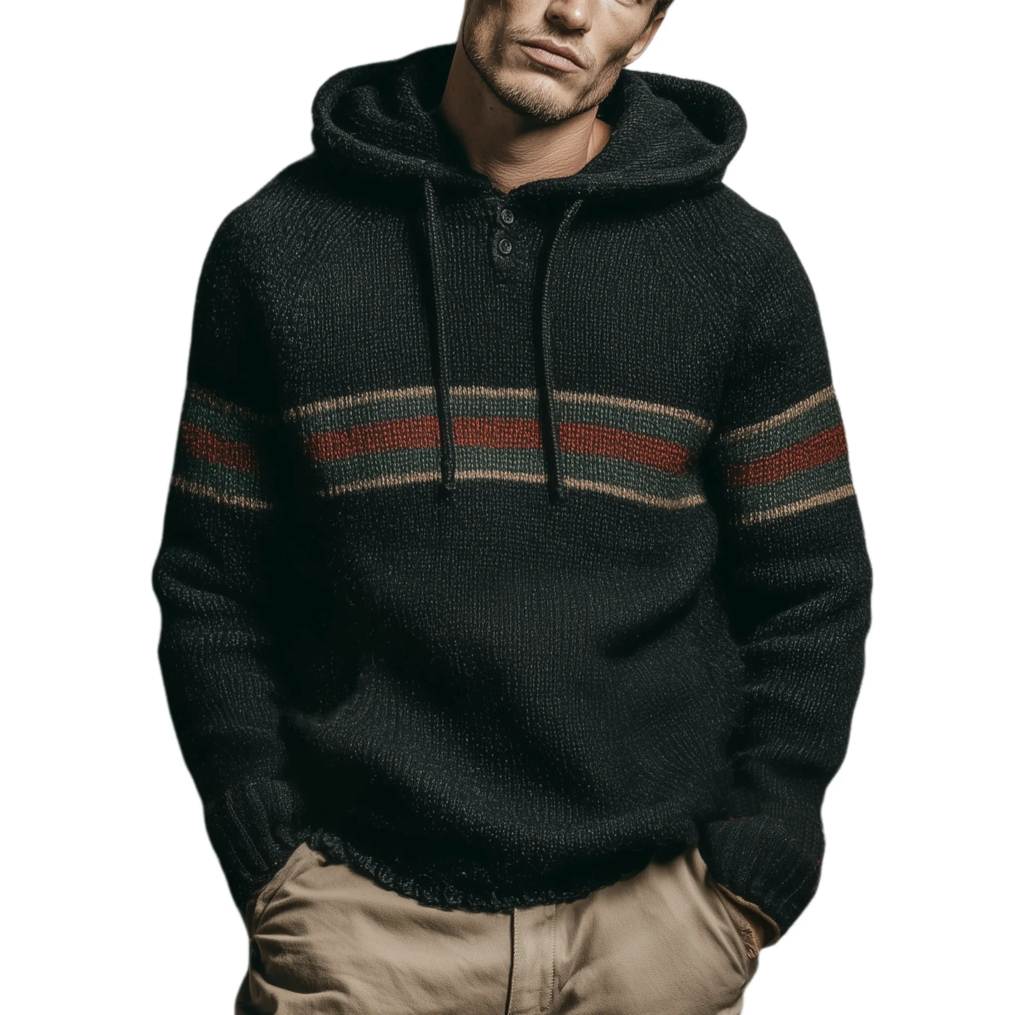 Men's Classic Casual Contrast Color Horizontal Stripe Patchwork Hooded Sweater MTA2918I5K sold by Manly