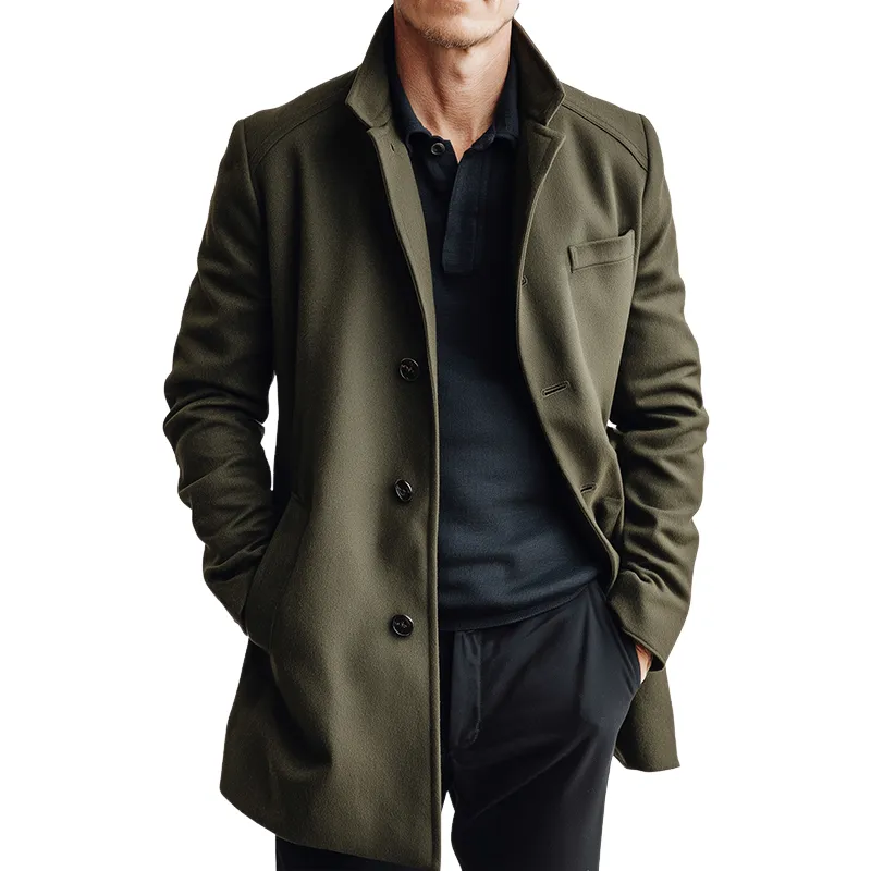 Men's Retro Casual Solid Color Mid-Length Button Stand Collar Coat MTA2425I4TO sold by Manly