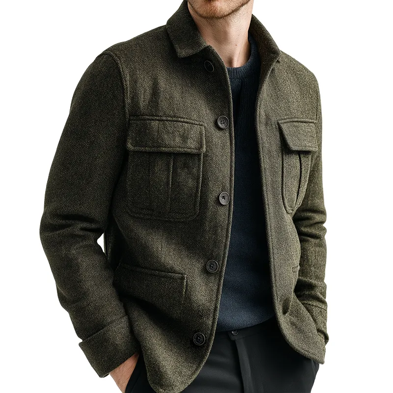 Men's Vintage Casual Herringbone Multi-Pocket Button Lapel Jacket MTA2486I5TO sold by Manly