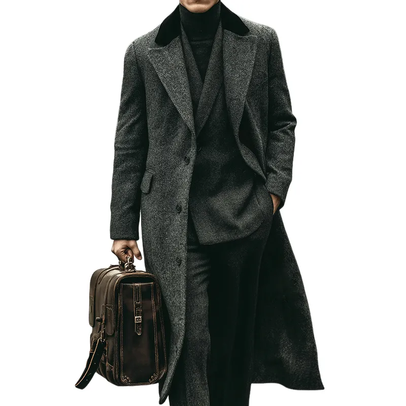 Men's Retro Casual British Style Fur Collar Herringbone Button Long Coat MTA2574I8TO sold by Manly