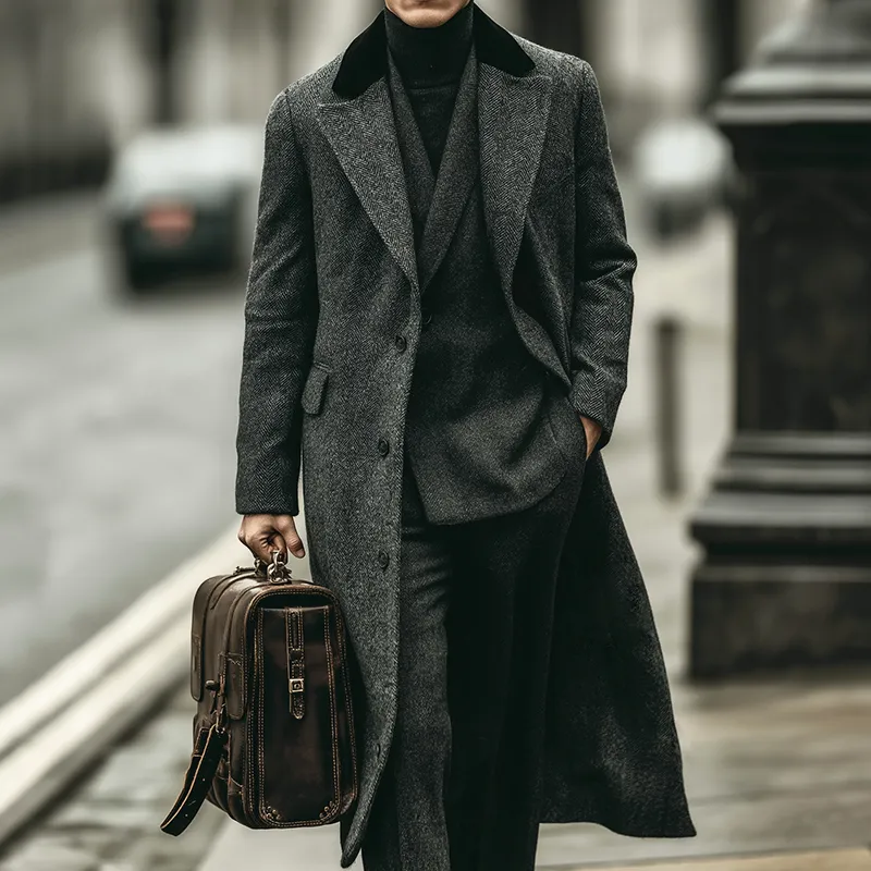 Men's Retro Casual British Style Fur Collar Herringbone Button Long Coat MTA2574I8TO sold by Manly product image thumbnail 2