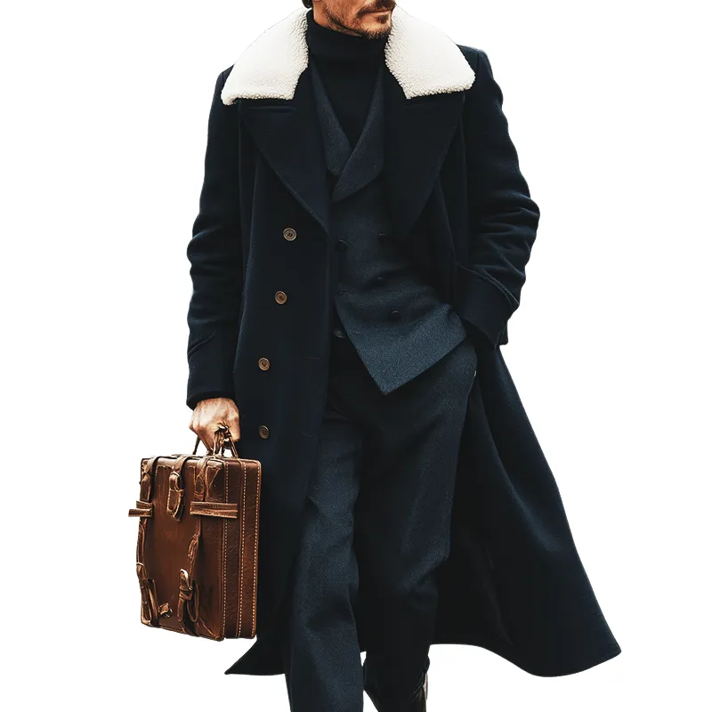 Men's Retro Casual British Style Fur Collar Long Coat MTA2551I0TO sold by Manly